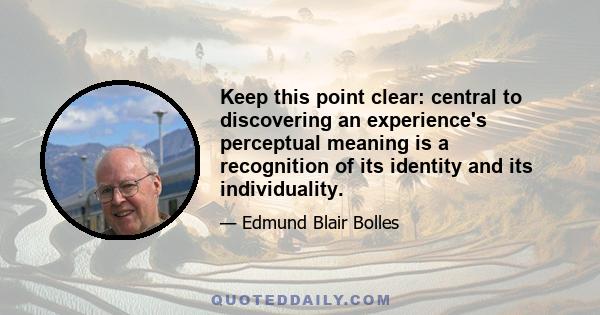 Keep this point clear: central to discovering an experience's perceptual meaning is a recognition of its identity and its individuality.