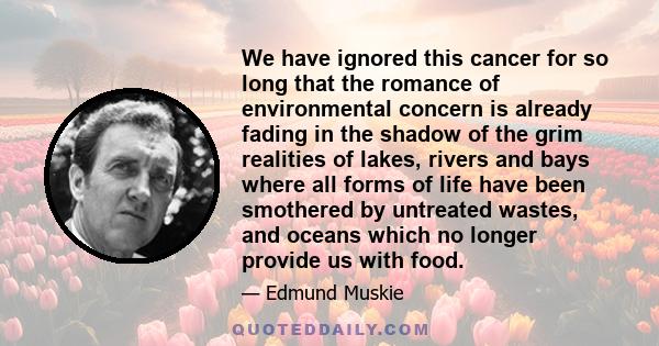 We have ignored this cancer for so long that the romance of environmental concern is already fading in the shadow of the grim realities of lakes, rivers and bays where all forms of life have been smothered by untreated