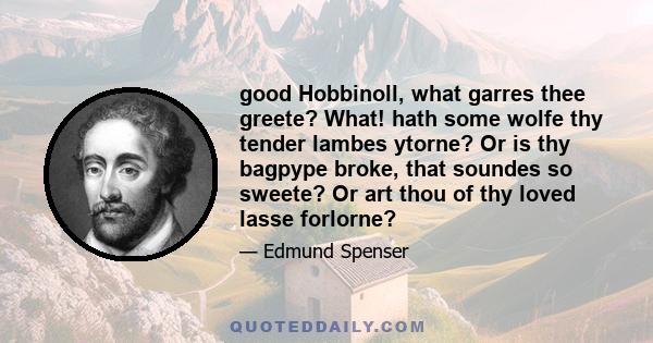 good Hobbinoll, what garres thee greete? What! hath some wolfe thy tender lambes ytorne? Or is thy bagpype broke, that soundes so sweete? Or art thou of thy loved lasse forlorne?