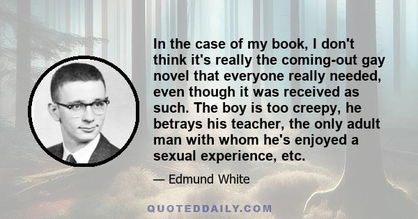 In the case of my book, I don't think it's really the coming-out gay novel that everyone really needed, even though it was received as such. The boy is too creepy, he betrays his teacher, the only adult man with whom