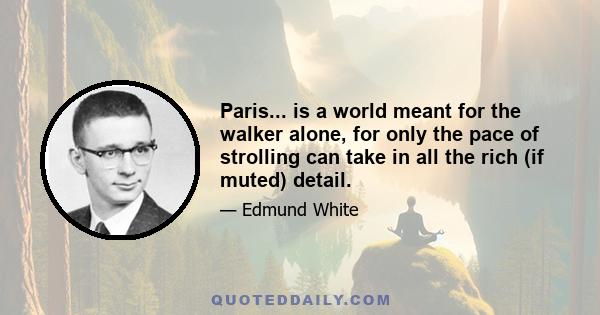 Paris... is a world meant for the walker alone, for only the pace of strolling can take in all the rich (if muted) detail.