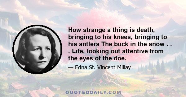 How strange a thing is death, bringing to his knees, bringing to his antlers The buck in the snow . . . Life, looking out attentive from the eyes of the doe.