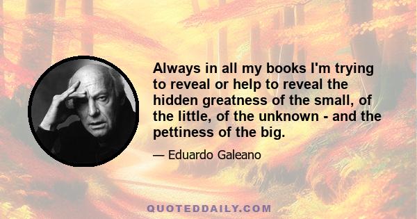 Always in all my books I'm trying to reveal or help to reveal the hidden greatness of the small, of the little, of the unknown - and the pettiness of the big.