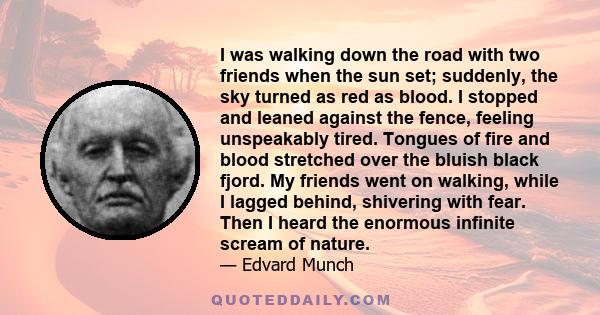 I was walking down the road with two friends when the sun set; suddenly, the sky turned as red as blood. I stopped and leaned against the fence, feeling unspeakably tired. Tongues of fire and blood stretched over the