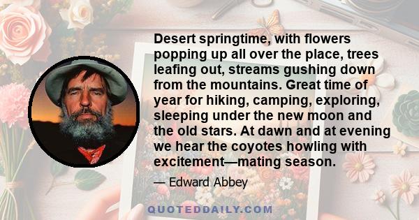 Desert springtime, with flowers popping up all over the place, trees leafing out, streams gushing down from the mountains. Great time of year for hiking, camping, exploring, sleeping under the new moon and the old