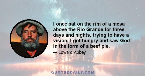 I once sat on the rim of a mesa above the Rio Grande for three days and nights, trying to have a vision. I got hungry and saw God in the form of a beef pie.