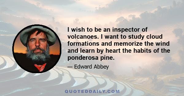 I wish to be an inspector of volcanoes. I want to study cloud formations and memorize the wind and learn by heart the habits of the ponderosa pine.