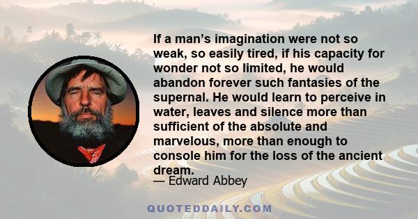 If a man’s imagination were not so weak, so easily tired, if his capacity for wonder not so limited, he would abandon forever such fantasies of the supernal. He would learn to perceive in water, leaves and silence more