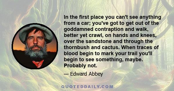 In the first place you can't see anything from a car; you've got to get out of the goddamned contraption and walk, better yet crawl, on hands and knees, over the sandstone and through the thornbush and cactus. When