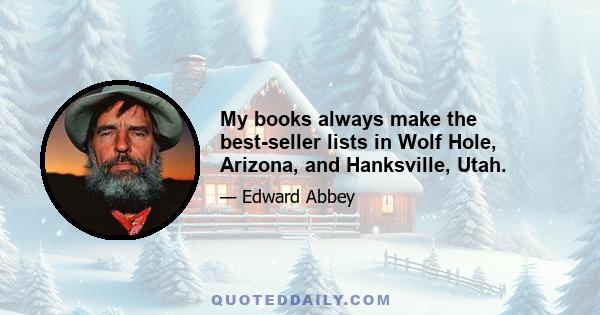 My books always make the best-seller lists in Wolf Hole, Arizona, and Hanksville, Utah.