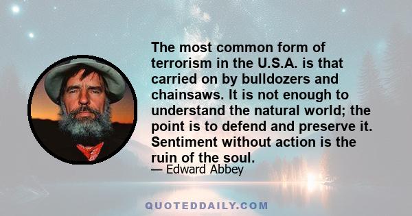 The most common form of terrorism in the U.S.A. is that carried on by bulldozers and chainsaws. It is not enough to understand the natural world; the point is to defend and preserve it. Sentiment without action is the