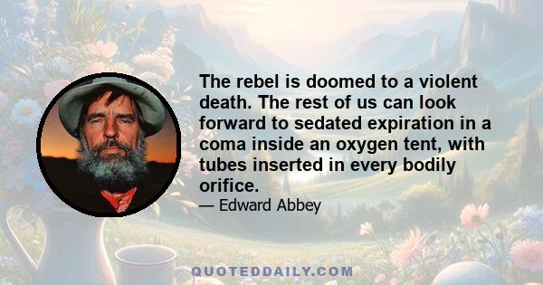 The rebel is doomed to a violent death. The rest of us can look forward to sedated expiration in a coma inside an oxygen tent, with tubes inserted in every bodily orifice.