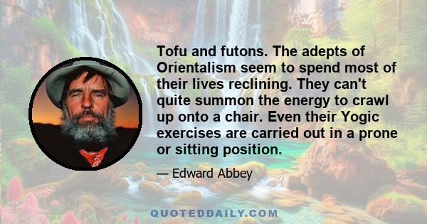 Tofu and futons. The adepts of Orientalism seem to spend most of their lives reclining. They can't quite summon the energy to crawl up onto a chair. Even their Yogic exercises are carried out in a prone or sitting