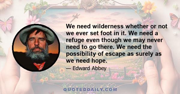 We need wilderness whether or not we ever set foot in it. We need a refuge even though we may never need to go there. We need the possibility of escape as surely as we need hope.