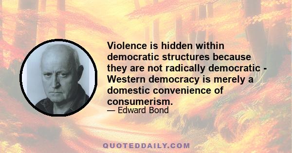 Violence is hidden within democratic structures because they are not radically democratic - Western democracy is merely a domestic convenience of consumerism.