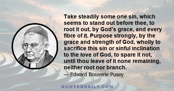 Take steadily some one sin, which seems to stand out before thee, to root it out, by God's grace, and every fibre of it. Purpose strongly, by the grace and strength of God, wholly to sacrifice this sin or sinful