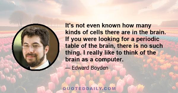 It's not even known how many kinds of cells there are in the brain. If you were looking for a periodic table of the brain, there is no such thing. I really like to think of the brain as a computer.