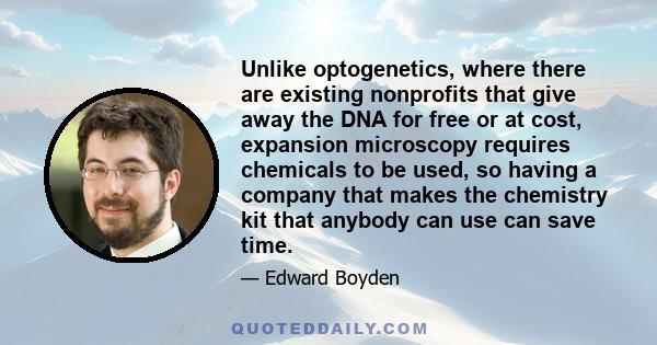 Unlike optogenetics, where there are existing nonprofits that give away the DNA for free or at cost, expansion microscopy requires chemicals to be used, so having a company that makes the chemistry kit that anybody can