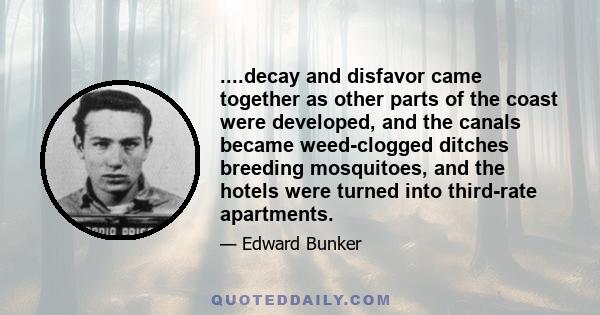 ....decay and disfavor came together as other parts of the coast were developed, and the canals became weed-clogged ditches breeding mosquitoes, and the hotels were turned into third-rate apartments.