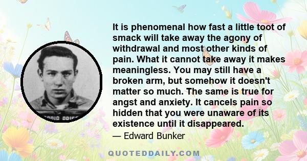 It is phenomenal how fast a little toot of smack will take away the agony of withdrawal and most other kinds of pain. What it cannot take away it makes meaningless. You may still have a broken arm, but somehow it