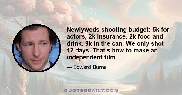 Newlyweds shooting budget: 5k for actors, 2k insurance, 2k food and drink. 9k in the can. We only shot 12 days. That's how to make an independent film.