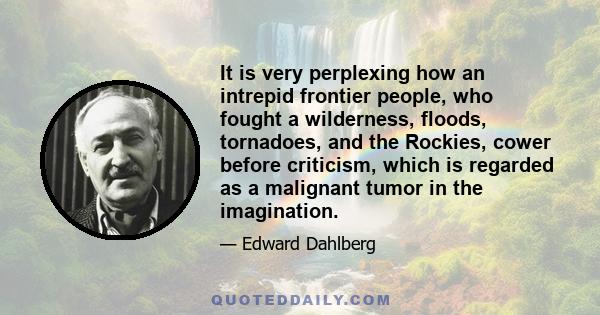 It is very perplexing how an intrepid frontier people, who fought a wilderness, floods, tornadoes, and the Rockies, cower before criticism, which is regarded as a malignant tumor in the imagination.