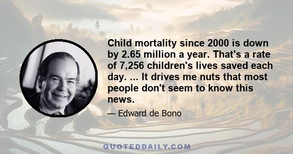 Child mortality since 2000 is down by 2.65 million a year. That's a rate of 7,256 children's lives saved each day. ... It drives me nuts that most people don't seem to know this news.