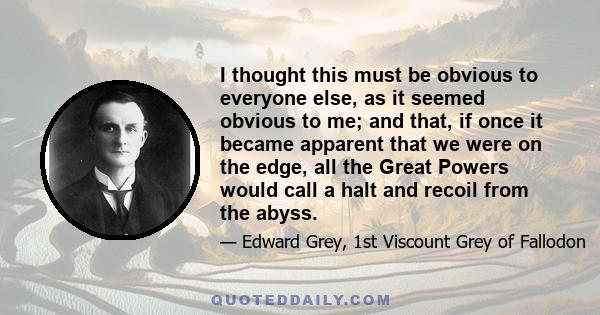 I thought this must be obvious to everyone else, as it seemed obvious to me; and that, if once it became apparent that we were on the edge, all the Great Powers would call a halt and recoil from the abyss.