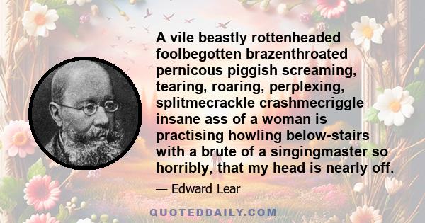 A vile beastly rottenheaded foolbegotten brazenthroated pernicous piggish screaming, tearing, roaring, perplexing, splitmecrackle crashmecriggle insane ass of a woman is practising howling below-stairs with a brute of a 