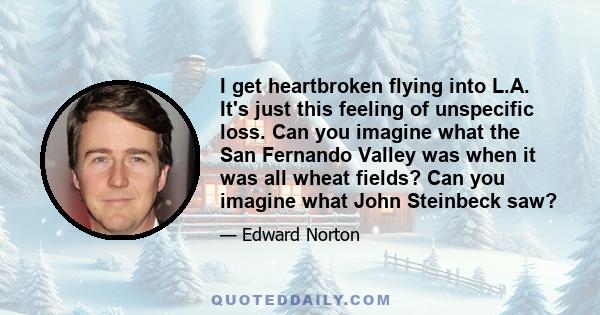 I get heartbroken flying into L.A. It's just this feeling of unspecific loss. Can you imagine what the San Fernando Valley was when it was all wheat fields? Can you imagine what John Steinbeck saw?