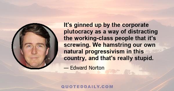 It's ginned up by the corporate plutocracy as a way of distracting the working-class people that it's screwing. We hamstring our own natural progressivism in this country, and that's really stupid.