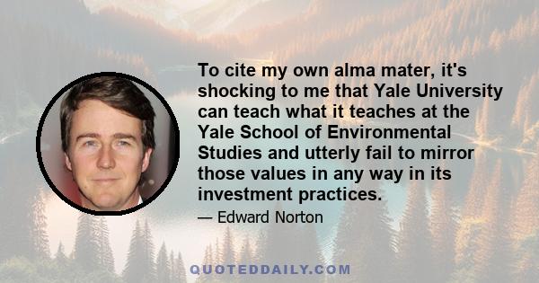 To cite my own alma mater, it's shocking to me that Yale University can teach what it teaches at the Yale School of Environmental Studies and utterly fail to mirror those values in any way in its investment practices.