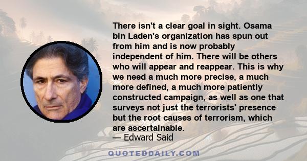 There isn't a clear goal in sight. Osama bin Laden's organization has spun out from him and is now probably independent of him. There will be others who will appear and reappear. This is why we need a much more precise, 