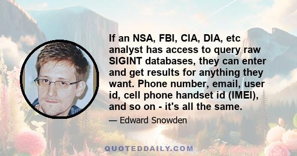 If an NSA, FBI, CIA, DIA, etc analyst has access to query raw SIGINT databases, they can enter and get results for anything they want. Phone number, email, user id, cell phone handset id (IMEI), and so on - it's all the 