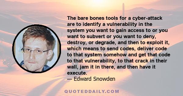 The bare bones tools for a cyber-attack are to identify a vulnerability in the system you want to gain access to or you want to subvert or you want to deny, destroy, or degrade, and then to exploit it, which means to