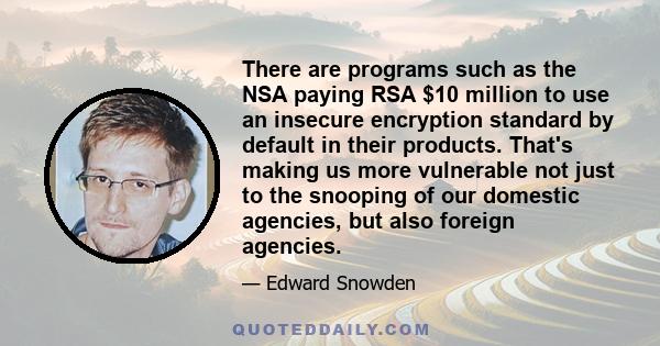 There are programs such as the NSA paying RSA $10 million to use an insecure encryption standard by default in their products. That's making us more vulnerable not just to the snooping of our domestic agencies, but also 