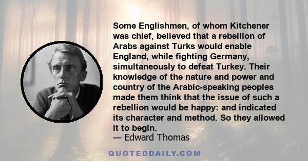 Some Englishmen, of whom Kitchener was chief, believed that a rebellion of Arabs against Turks would enable England, while fighting Germany, simultaneously to defeat Turkey. Their knowledge of the nature and power and