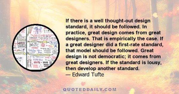 If there is a well thought-out design standard, it should be followed. In practice, great design comes from great designers. That is empirically the case. If a great designer did a first-rate standard, that model should 