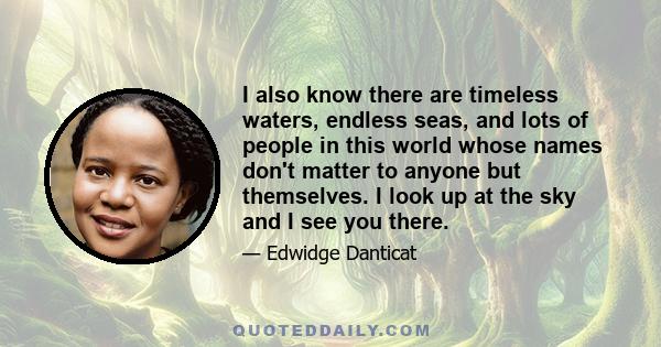 I also know there are timeless waters, endless seas, and lots of people in this world whose names don't matter to anyone but themselves. I look up at the sky and I see you there.