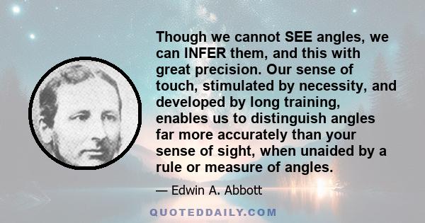 Though we cannot SEE angles, we can INFER them, and this with great precision. Our sense of touch, stimulated by necessity, and developed by long training, enables us to distinguish angles far more accurately than your