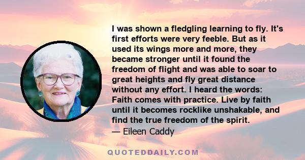 I was shown a fledgling learning to fly. It's first efforts were very feeble. But as it used its wings more and more, they became stronger until it found the freedom of flight and was able to soar to great heights and