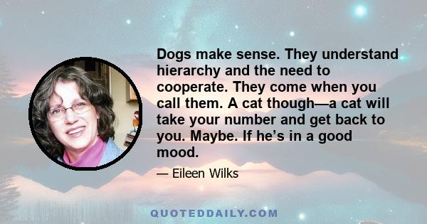 Dogs make sense. They understand hierarchy and the need to cooperate. They come when you call them. A cat though—a cat will take your number and get back to you. Maybe. If he’s in a good mood.