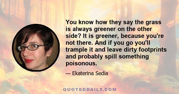 You know how they say the grass is always greener on the other side? It is greener, because you're not there. And if you go you'll trample it and leave dirty footprints and probably spill something poisonous.