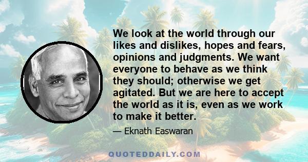 We look at the world through our likes and dislikes, hopes and fears, opinions and judgments. We want everyone to behave as we think they should; otherwise we get agitated. But we are here to accept the world as it is,