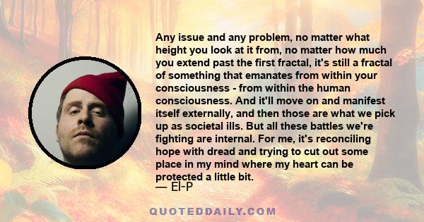 Any issue and any problem, no matter what height you look at it from, no matter how much you extend past the first fractal, it's still a fractal of something that emanates from within your consciousness - from within