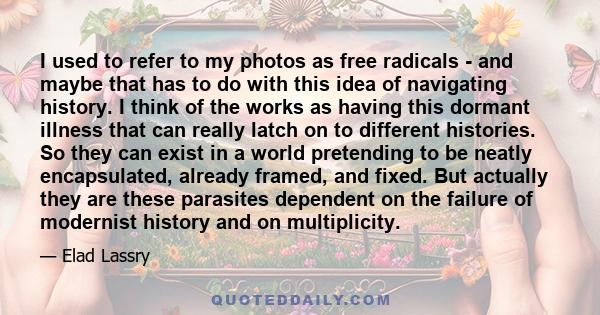 I used to refer to my photos as free radicals - and maybe that has to do with this idea of navigating history. I think of the works as having this dormant illness that can really latch on to different histories. So they 