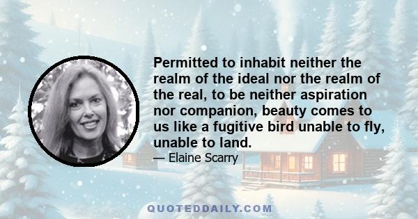 Permitted to inhabit neither the realm of the ideal nor the realm of the real, to be neither aspiration nor companion, beauty comes to us like a fugitive bird unable to fly, unable to land.