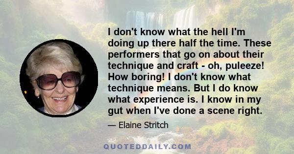 I don't know what the hell I'm doing up there half the time. These performers that go on about their technique and craft - oh, puleeze! How boring! I don't know what technique means. But I do know what experience is. I