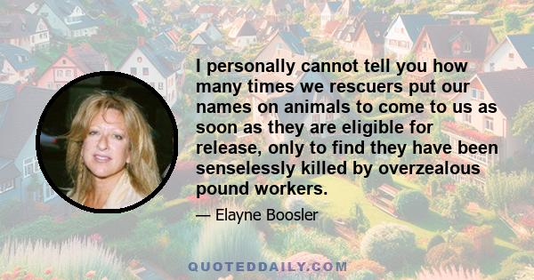 I personally cannot tell you how many times we rescuers put our names on animals to come to us as soon as they are eligible for release, only to find they have been senselessly killed by overzealous pound workers.