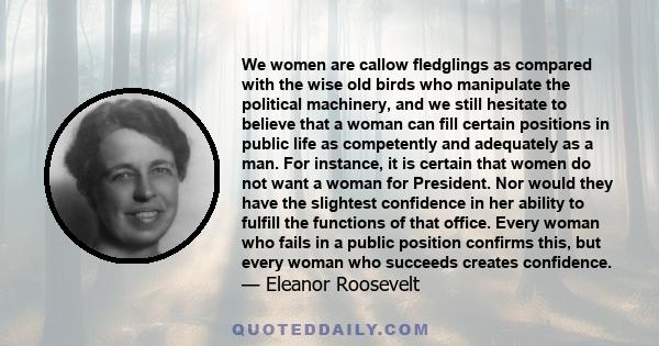 We women are callow fledglings as compared with the wise old birds who manipulate the political machinery, and we still hesitate to believe that a woman can fill certain positions in public life as competently and